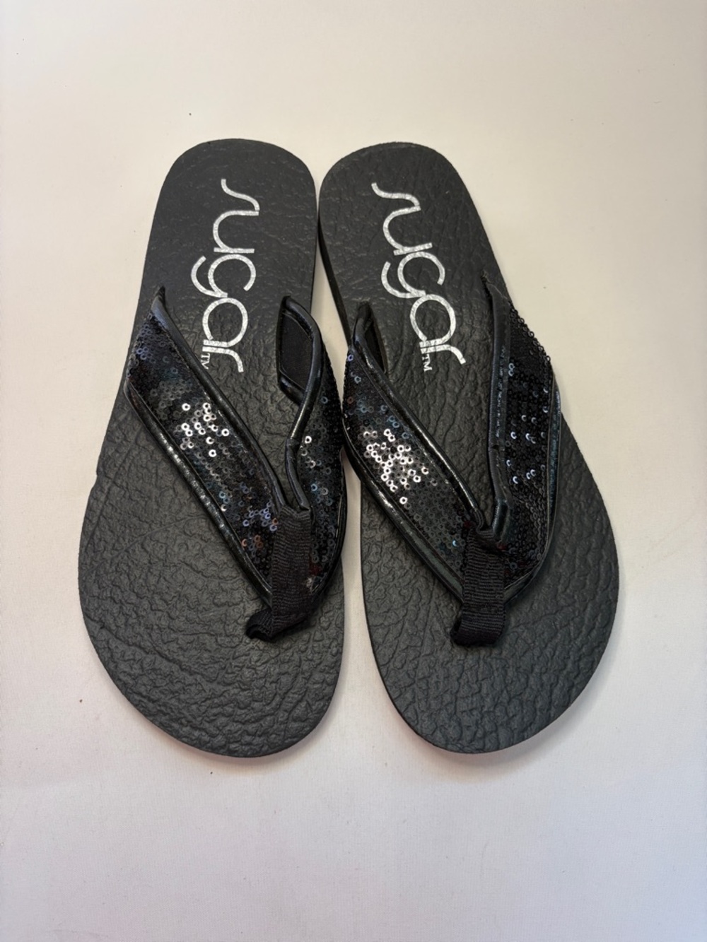 Sugar Black Sequin Flip Flop Sandals Size 9
